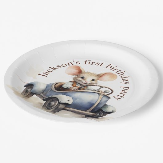 Niedliche Wasserfarbe Maus in Blue Car Erster Gebu Pappteller (Schrägansicht)