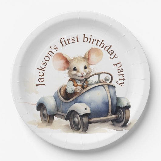 Niedliche Wasserfarbe Maus in Blue Car Erster Gebu Pappteller (Vorderseite)
