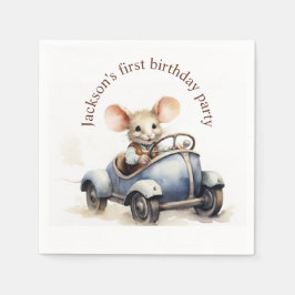 Niedliche Wasserfarbe Maus in Blue Car Erster Gebu Serviette