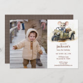 Niedliche Wasserfarbe Maus in grünem Auto 1. Gebur Einladung (Vorne/Hinten)