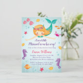 Niedliche Wasserfarbe Meerjungfrau Kinderdusche Einladung (Stehend Vorderseite)