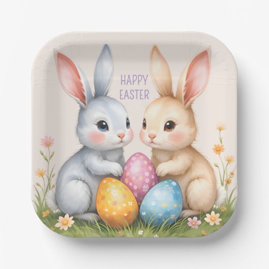 Niedliche Wasserfarbe Osterbrunnen Happy Oster Pappteller (Vorderseite)