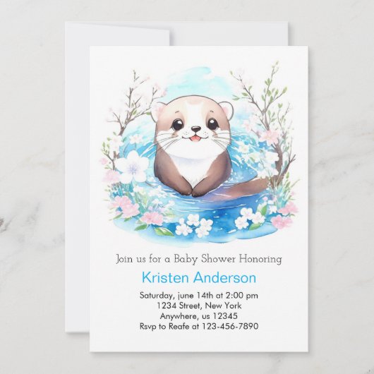 Niedliche Wasserfarbe Otter Babydusche Einladung (Vorderseite)