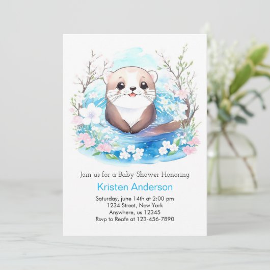 Niedliche Wasserfarbe Otter Babydusche Einladung (Stehend Vorderseite)