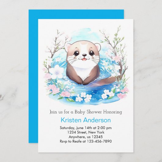 Niedliche Wasserfarbe Otter Babydusche Einladung (Vorne/Hinten)