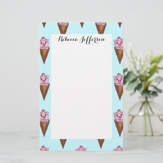 Niedliche Wasserfarbe Piggie Eis Creme Rosa Aquama Briefpapier (Stehend Vorderseite)