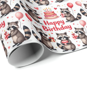 Niedliche Wasserfarbe Raccoon Geburtstagsszene - G Geschenkpapier
