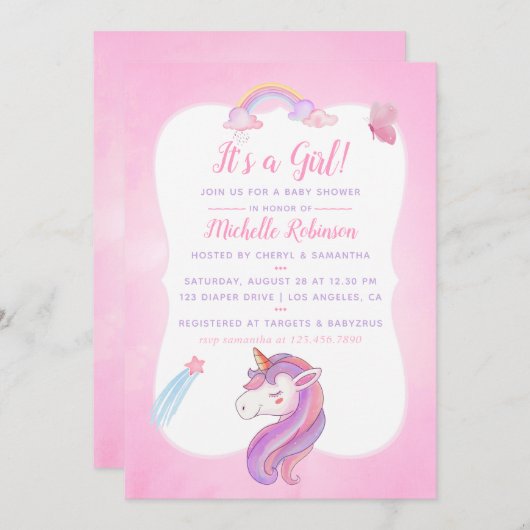 Niedliche Wasserfarbe Regenbogen Einhorn Kindermäd Einladung (Vorne/Hinten)