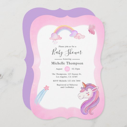 Niedliche Wasserfarbe Regenbogen Einhorn Kindermäd Einladung (Vorne/Hinten)