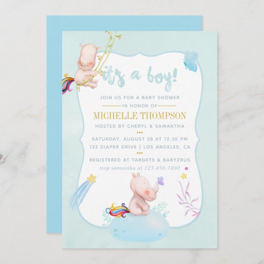 Niedliche Wasserfarbe Rhino Unicorn Kinderdusche Einladung (Vorne/Hinten)