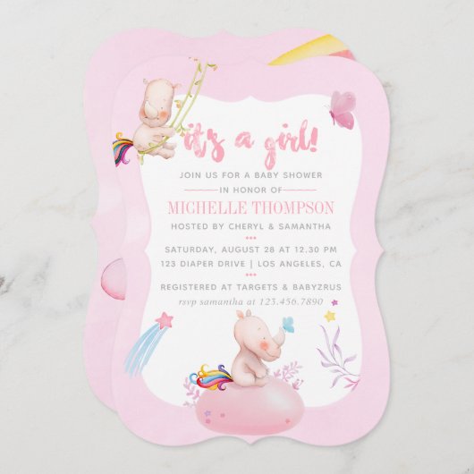 Niedliche Wasserfarbe Rhino Unicorn Kindermädchen Einladung (Vorne/Hinten)