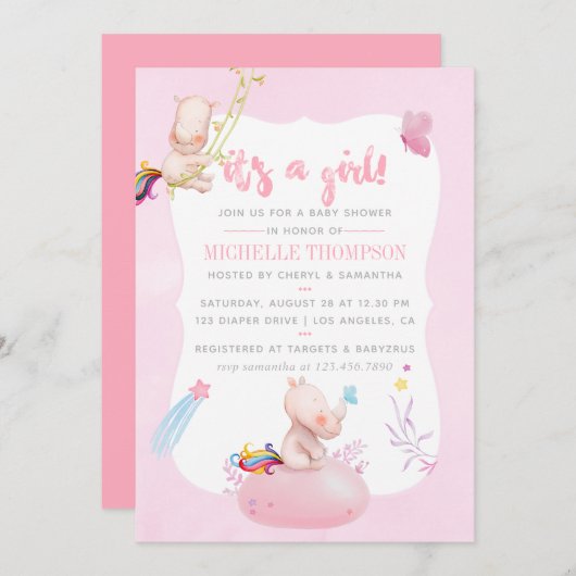 Niedliche Wasserfarbe Rhino Unicorn Kindermädchen  Einladung (Vorne/Hinten)