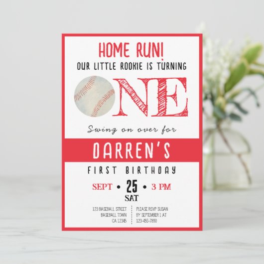 Niedliche Wasserfarbe Rookie Baseball 1. Geburtsta Einladung (Stehend Vorderseite)