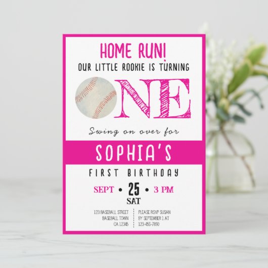 Niedliche Wasserfarbe Rookie Baseball Girl 1. Gebu Einladung (Stehend Vorderseite)