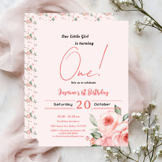 Niedliche Wasserfarbe Rosa Baby Girl 1. Geburtstag Einladung