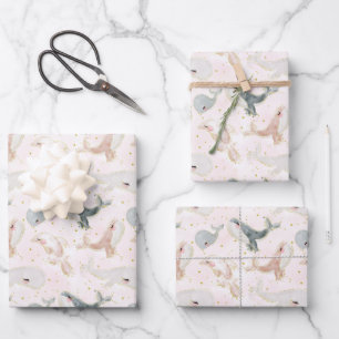 Niedliche Wasserfarbe Rosa Whale Delphin Geschenkpapier Set