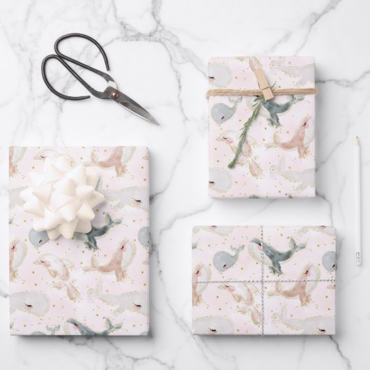 Niedliche Wasserfarbe Rosa Whale Delphin Geschenkpapier Set (Vorderseite)