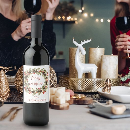 Niedliche Wasserfarbe Rote Berries Wreath Frohe We Weinetikett