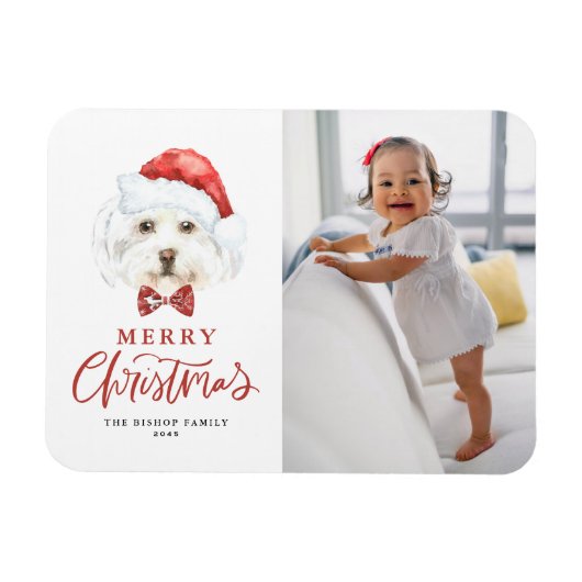 Niedliche Wasserfarbe Santa Maltese Dog Foto Weihn Magnet (Horizontal)