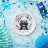 Niedliche Wasserfarbe Schwarze Kitten Balloons Geb Pappteller (Party)