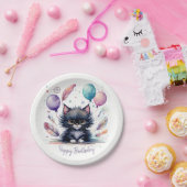 Niedliche Wasserfarbe Schwarze Kitten Balloons Geb Pappteller (Party)