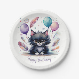 Niedliche Wasserfarbe Schwarze Kitten Balloons Geb Pappteller