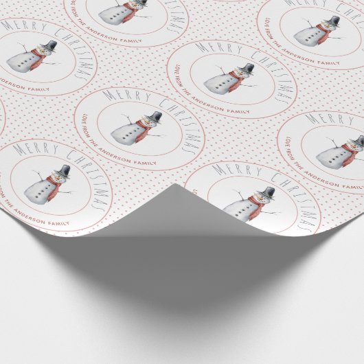 Niedliche Wasserfarbe Snowman Familienname Polka D Geschenkpapier (Ecke)