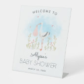 Niedliche Wasserfarbe Stork Baby Dusche Willkommen Sockelschild (Vorderseite)