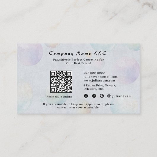 Niedliche Wasserfarbe Welpenblase Suds Dog Groomer Terminkarte (Rückseite)