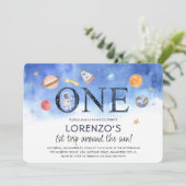 Niedliche Wasserfarbe Weltraumjunge Junge 1. Gebur Einladung (Stehend Vorderseite)