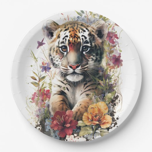 Niedliche Wasserfarbe Wilde Tiger Cub Kindergeburt Pappteller (Vorderseite)