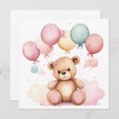 Niedliche Wasserfarben Babydusche Balloons Teddy B Einladung (Vorne/Hinten)