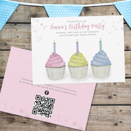 Niedliche Wasserfarben Cupcakes QR Code Soziale Me Einladung