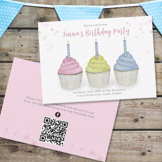 Niedliche Wasserfarben Cupcakes QR Code Soziale Me Einladung