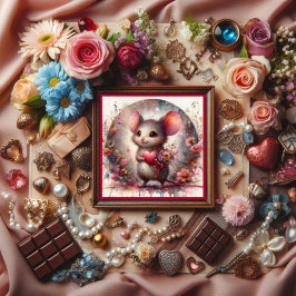 Niedliche Wasserfarben Maus Rotes Herz Floral Vale Feiertagskarte