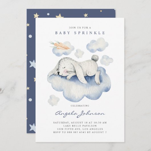 Niedliche Wasserfarben Schlafen Baby Kaninchen Bab Einladung (Vorne/Hinten)