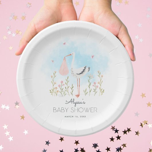 Niedliche Wasserfarben Stork Babydusche Pappteller