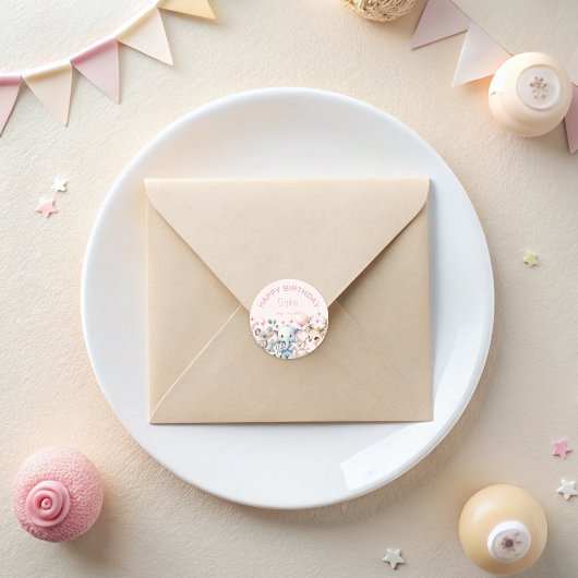 Niedliche Wasserfarben Wildtiere Rosa Mädchen Gebu Runder Aufkleber