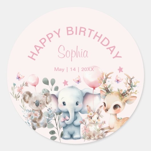 Niedliche Wasserfarben Wildtiere Rosa Mädchen Gebu Runder Aufkleber (Vorderseite)