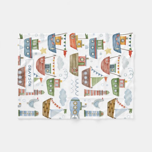 Niedliche Wasserfarbenboote Junge Personalisiert Fleecedecke (Vorderseite (Horizontal))