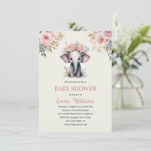 Niedliche Wasserfarbenflora Elephant Girl Babydusc Einladung (Stehend Vorderseite)