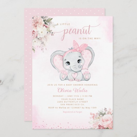 Niedliche Wasserfarbenflora Elephant Girl Babydusc Einladung (Vorne/Hinten)