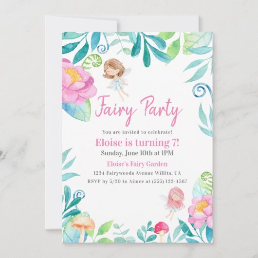 Niedliche Wasserfarbenfrohe Märchengarten Geburtst Einladung (Vorderseite)