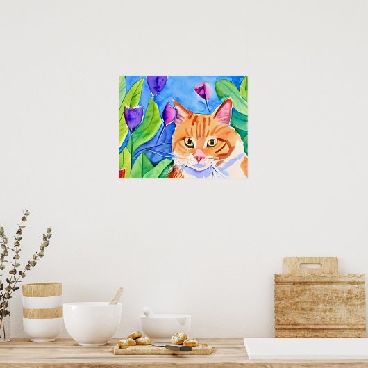 Niedliche Wasserfarbenkatze und Hübsche Blume Poster (Küche)
