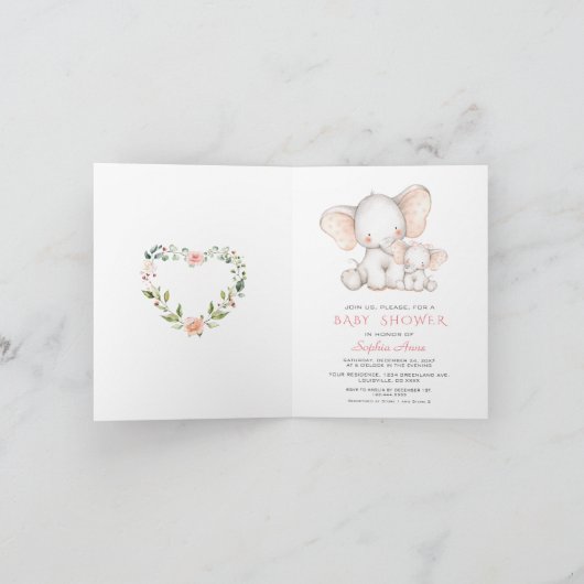 Niedliche Wasserfarbenlephant Girl Babydusche Einladung (Innenseite)