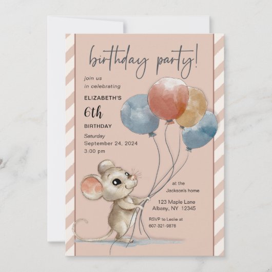 Niedliche WasserfarbenMaus mit Balloons zum Geburt Einladung (Vorderseite)