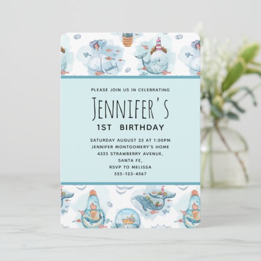 Niedliche Wasserfarbenmuster Whale Geburt Einladung (Stehend Vorderseite)