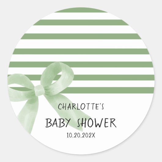 Niedliche Watercolor Green Bow Babydusche Runder Aufkleber (Vorderseite)