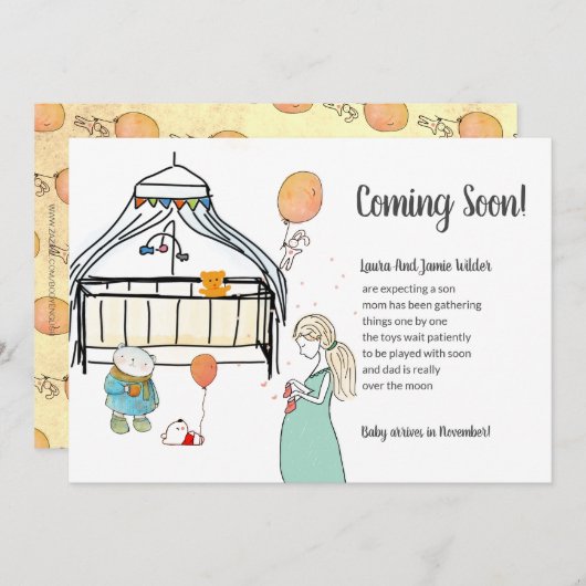 Niedliche Watercolor Schwangerschaft Baby Boy Schw Ankündigung (Vorne/Hinten)