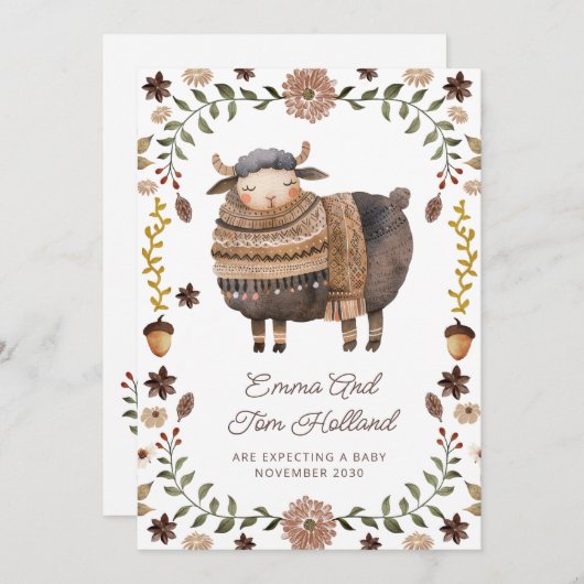 Niedliche Watercolor Sheep Schwangerschaft Ankündigung (Vorne/Hinten)